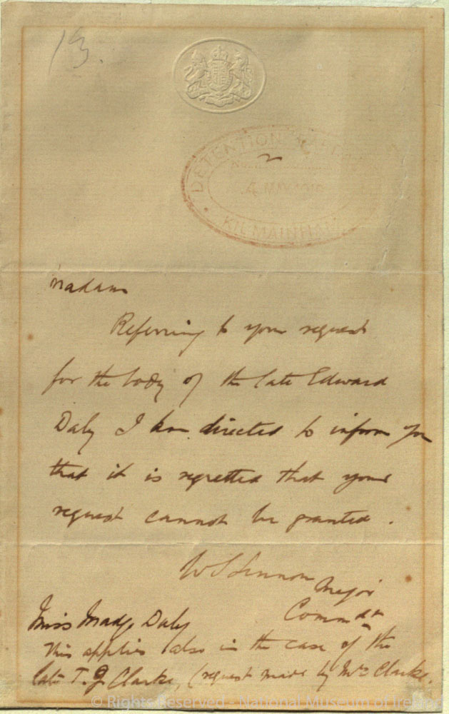 Letter written to Madge Daly from Major Lennon, Military Governor of Kilmainham Detention Barracks