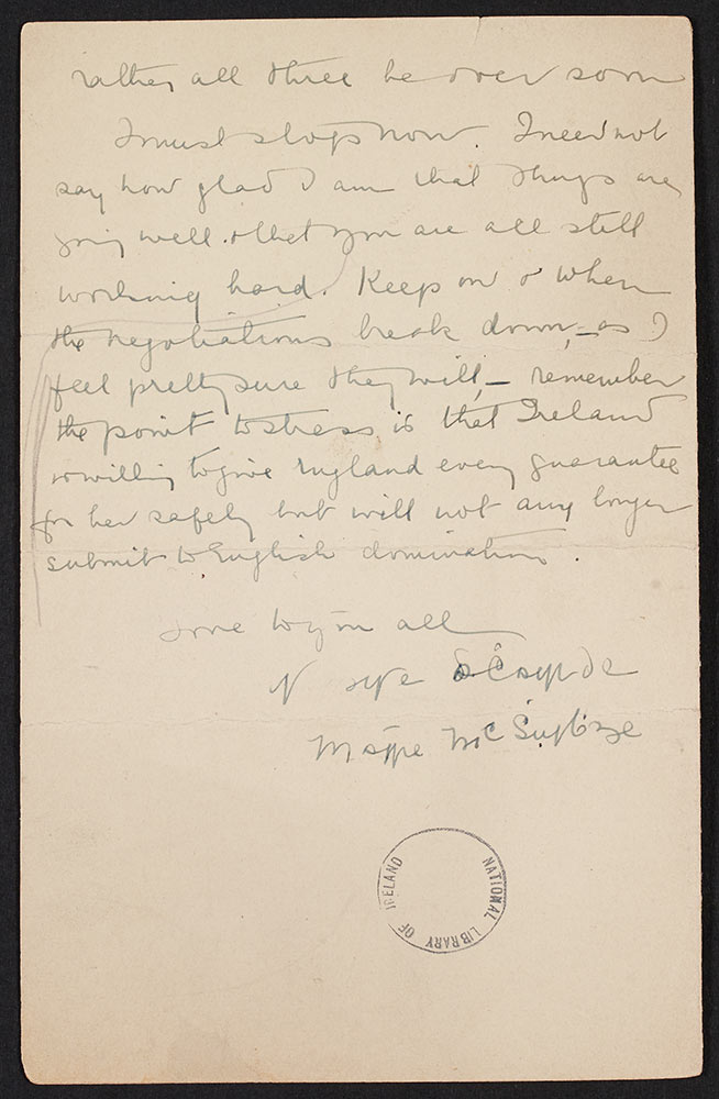 Mary McSwiney letter to John and Eileen Hearn, 6th October 1921