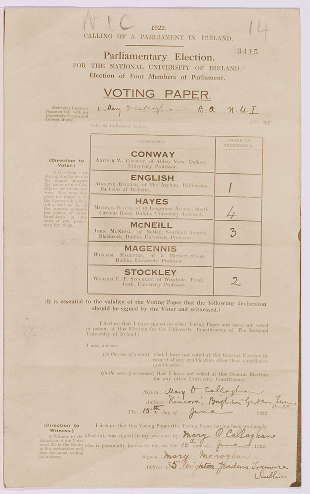 Sample voting paper for National University of Ireland Galway, Dr Ada English