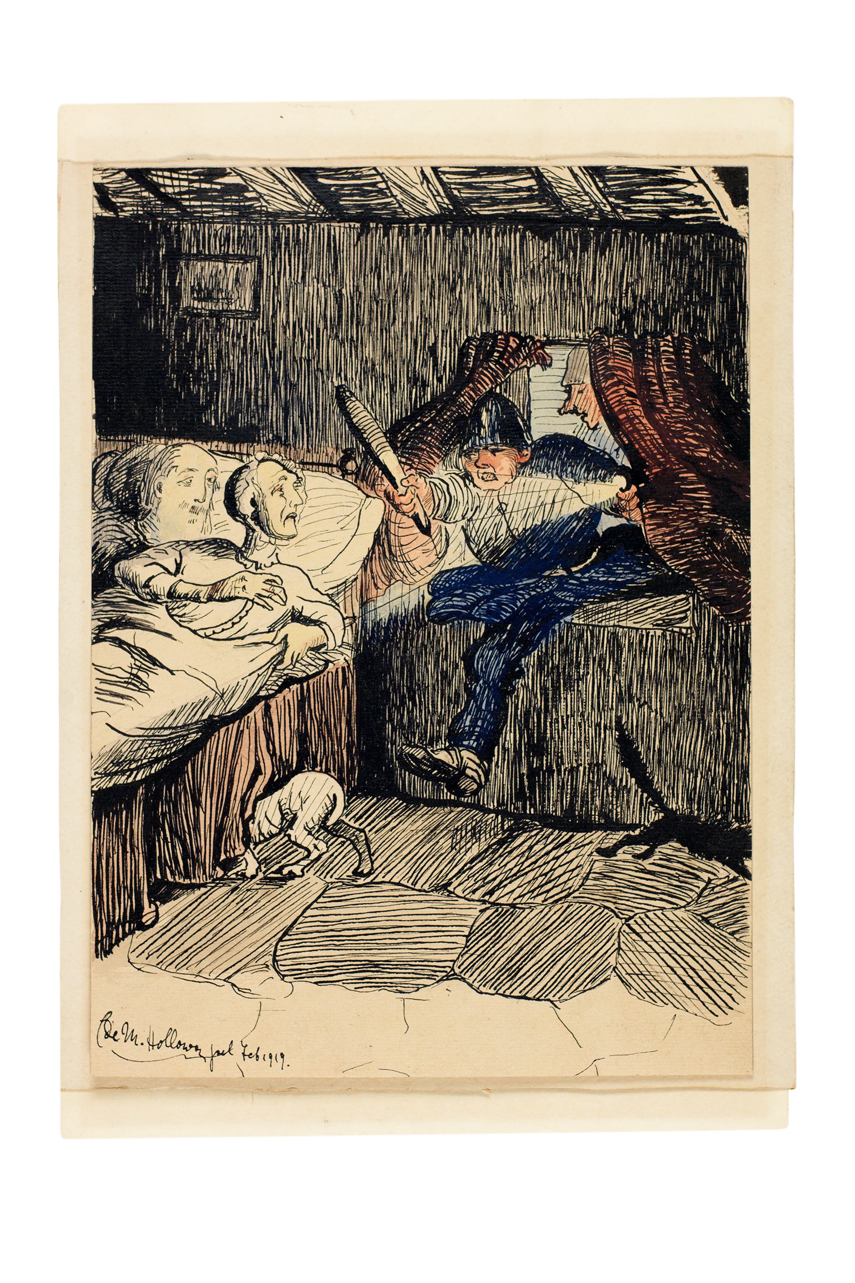 Nocturnal Raid on an Elderly Couple. Illustration made in Holloway Jail 1919.