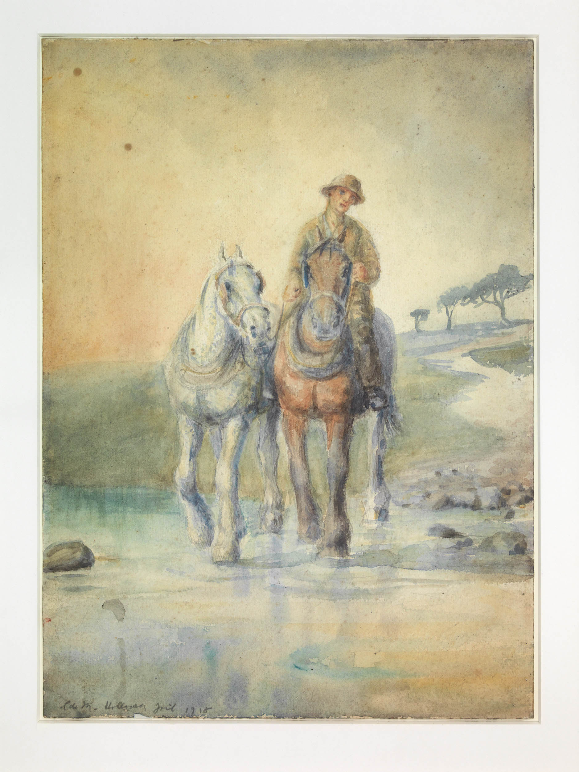 Man on horse leading another. Watercolour painted at Holloway Jail, July 1918.