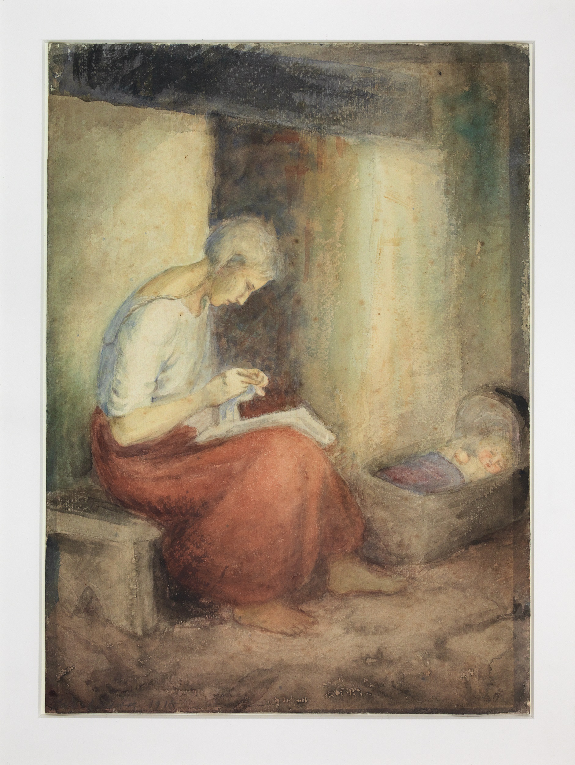 Peasant Woman Sewing, Child in Cradle Beside Hearth. Watercolour painted at Holloway Jail, July 1918.