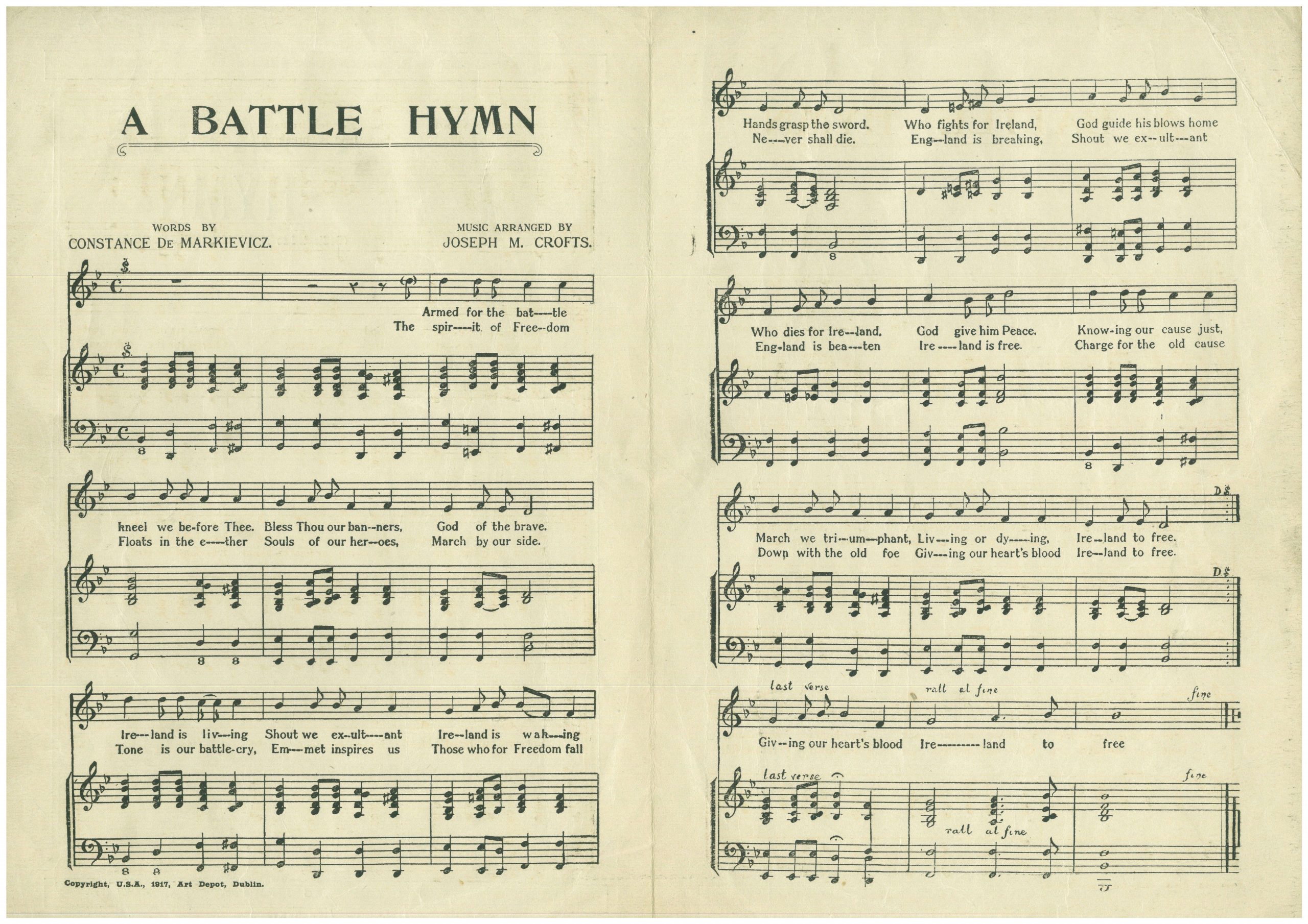 ‘A Battle Hymn’ Sheet Music, Dedicated to the ICA. Words by Constance de Markievicz