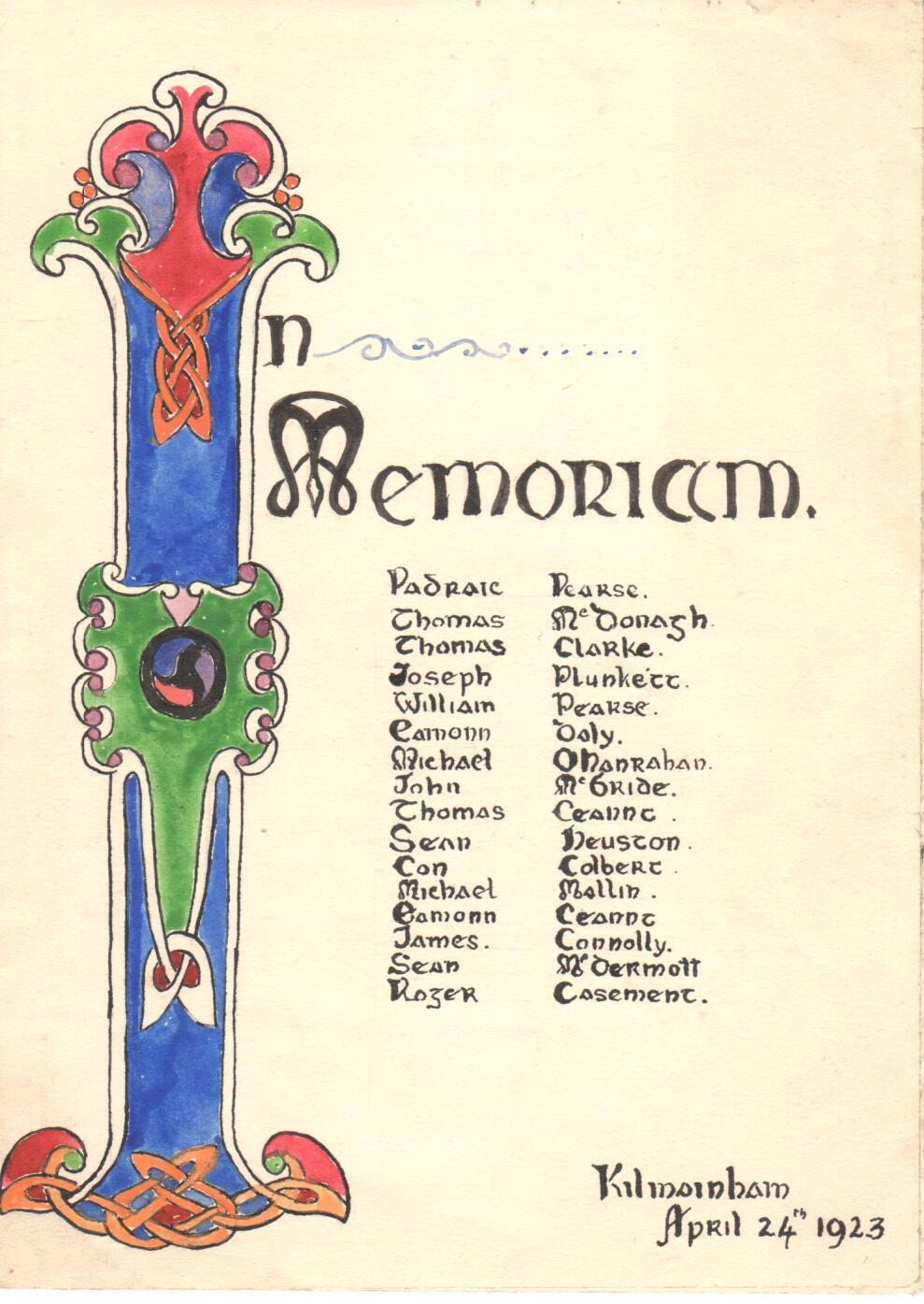 ‘In Memoriam’ Designed by Grace Plunkett (nee Gifford) 1888-1955. Created for the commemoration of the Easter Rising, ‘7th Year of the Republic’, 24 April 1923, Courtesy Kilmainham Gaol Museum. KMGLM.2015.0086 (1)