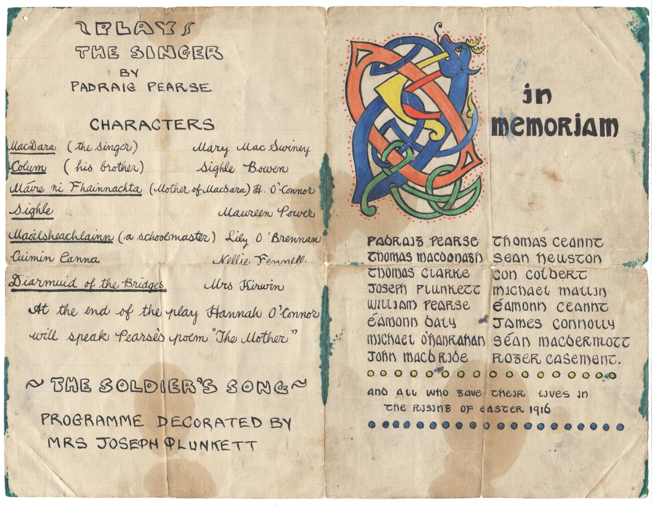 Pages of the Commemoration Programme designed by Grace Plunkett (nee Gifford) 1888-1955. Prisoner Kathleen ‘Katty’ Murphy, Blackpool Buildings, Cork sang ‘The Foggy Dew’. KMGLM.2016.0030 (1)
