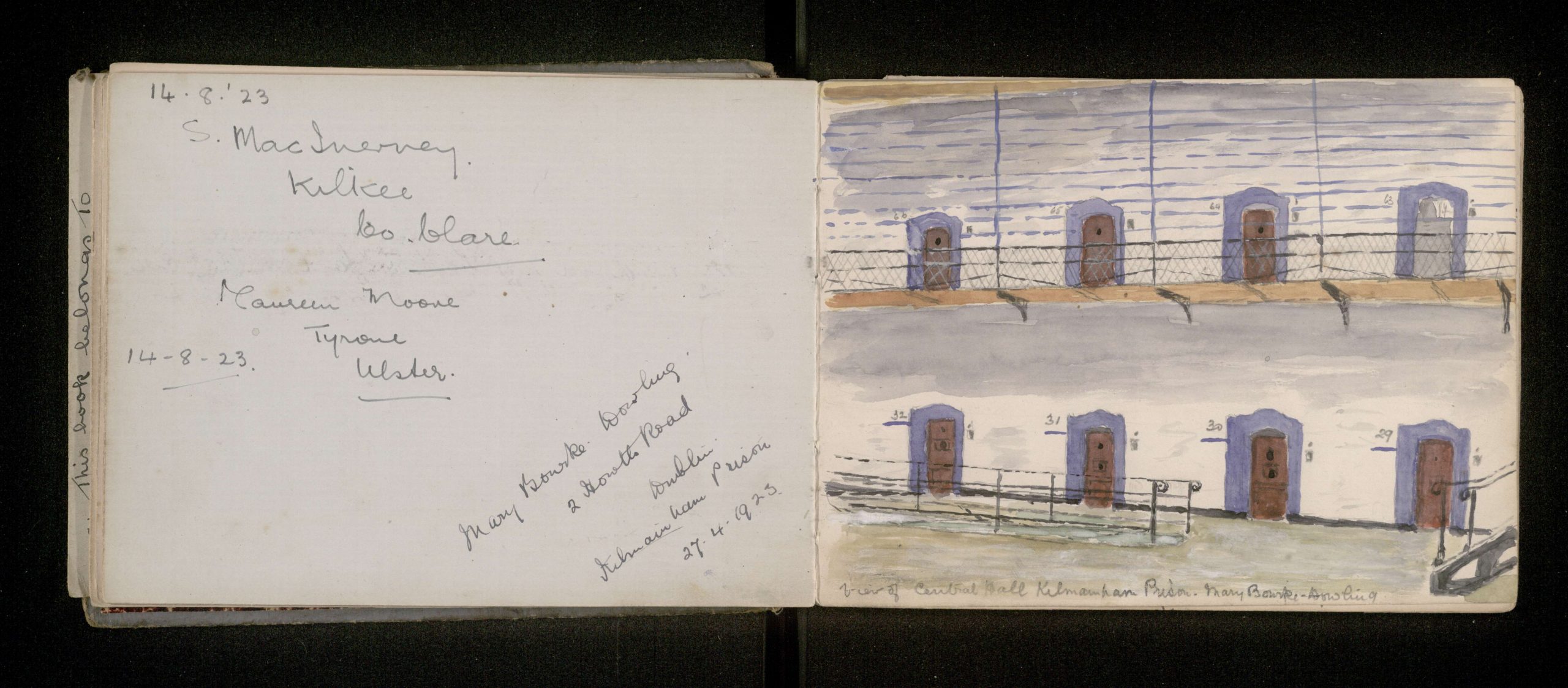 Image from an autograph book showing cells in the East Wing of Kilmainham Gaol. KMGLM.2018.0200