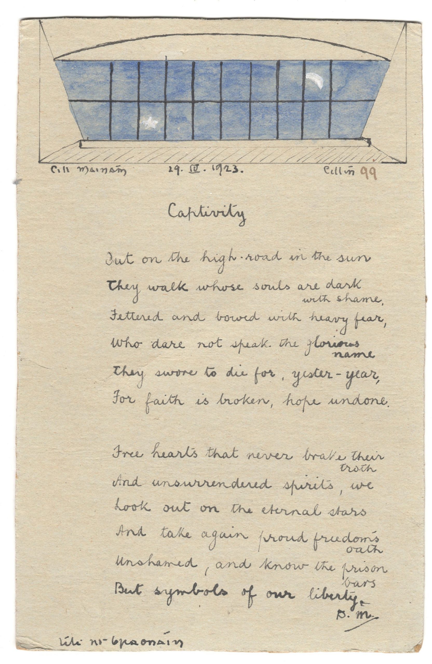 Dorothy Macardle’s poetry ‘Captivity’ with Lily O’Brennan’s drawings. Kilmainham Gaol Museum. KMGLM.2019.0057