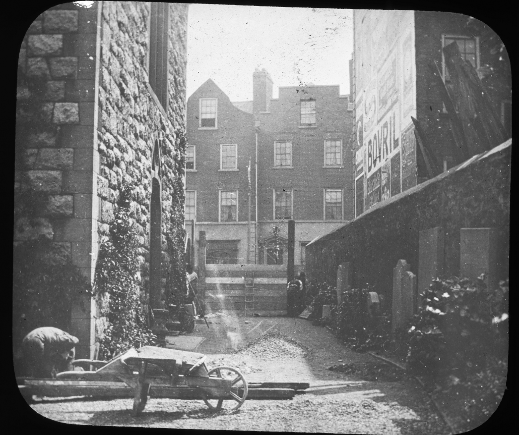 This image shows the southern wall of St Peter’s, with an interesting view of the east side of Aungier Street and some buildings that once stood there. Image courtesy of the Representative Church Body Library from ‘Digging for Emmet: Ghostly images from Dublin’s past brought back to life through digitization’ by Bryan Whelan.